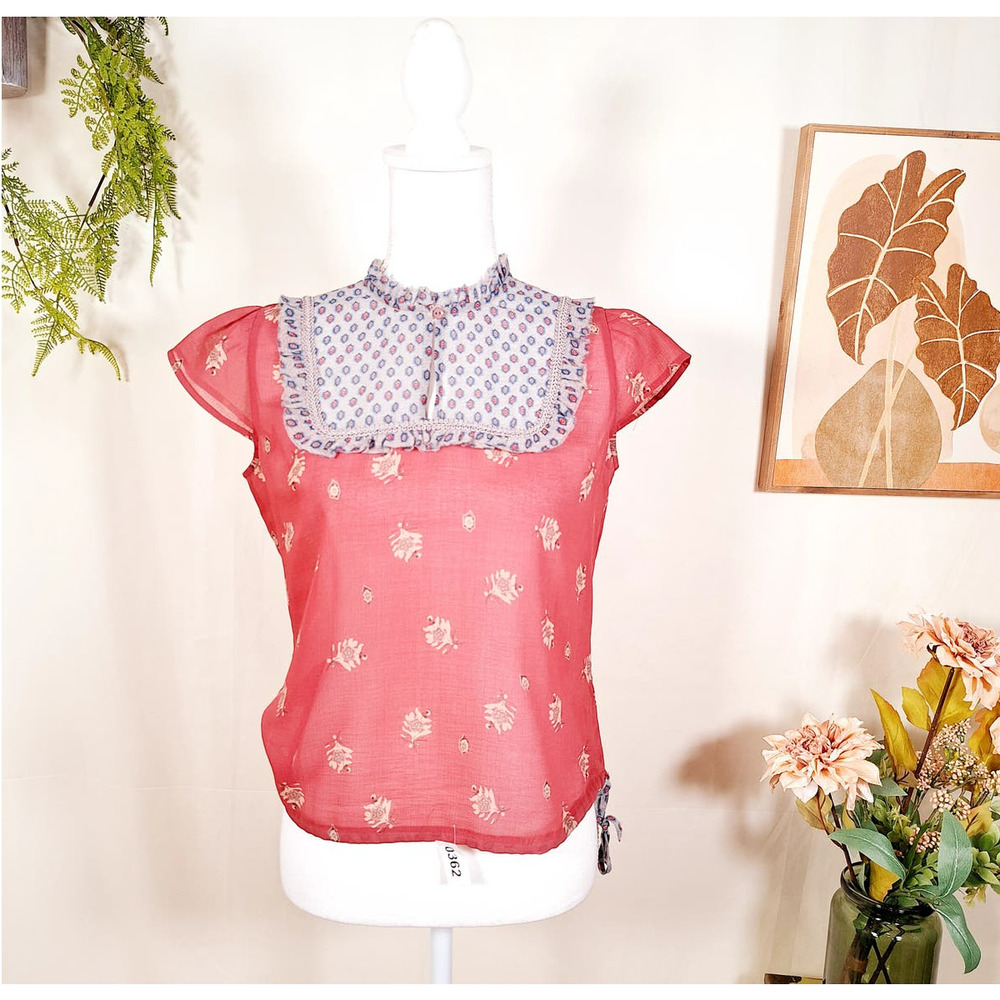 Free People Women's Flutter Sleeve Floral Blouse Medium Red